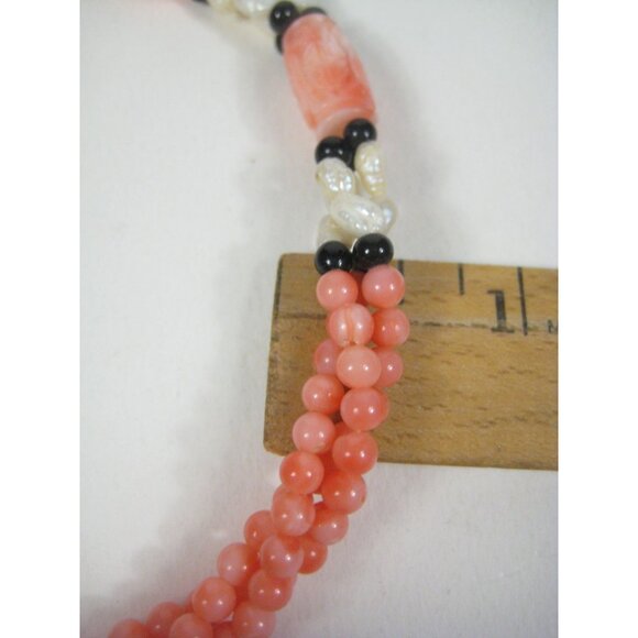 Vintage Coral Carved Bead Necklace Multi Strand Fresh Water Pearls 25 inch - Picture 6 of 13
